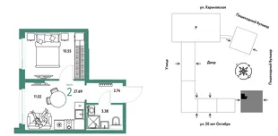Планировка 2-комн. квартира, 27.69 м² ЖК «Сердце Сибири»