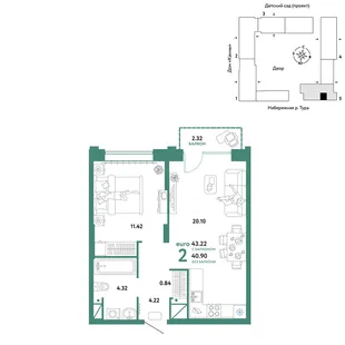 Планировка 2-комн. квартира, 43.22 м² ЖК «Европейский берег 2.0»
