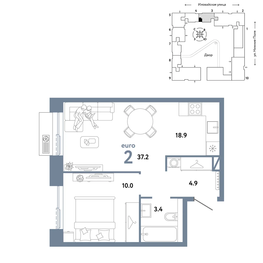 Планировка 2-комн. квартира, 37.2 м² ЖК «Страна.Заречная»