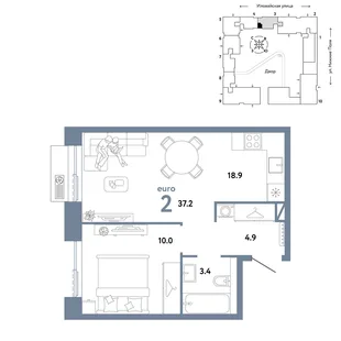 Планировка 2-комн. квартира, 37.2 м² ЖК «Страна.Заречная»