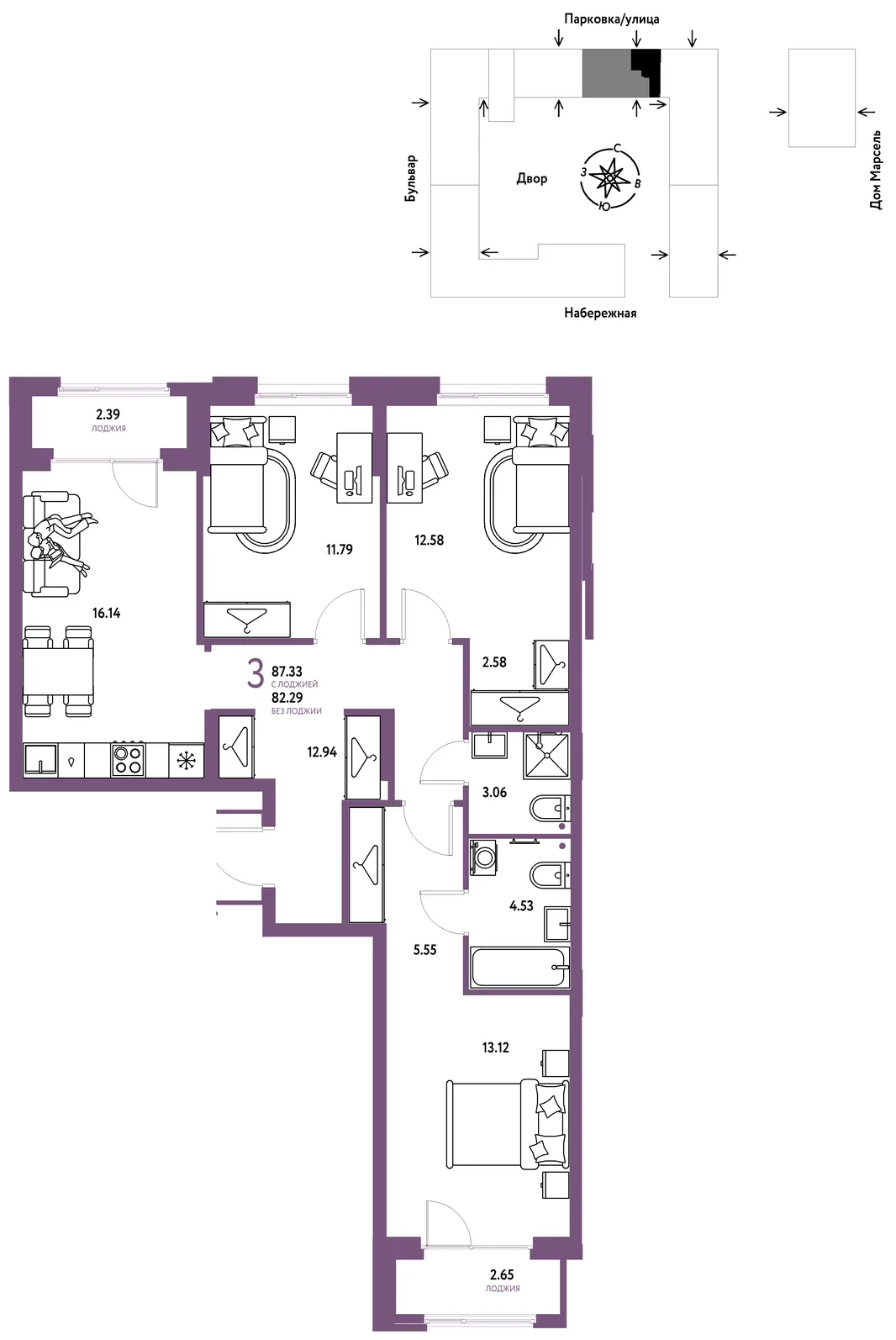 Планировка 3-комн. квартира, 87.33 м² ЖК «Европейский берег 2.0»