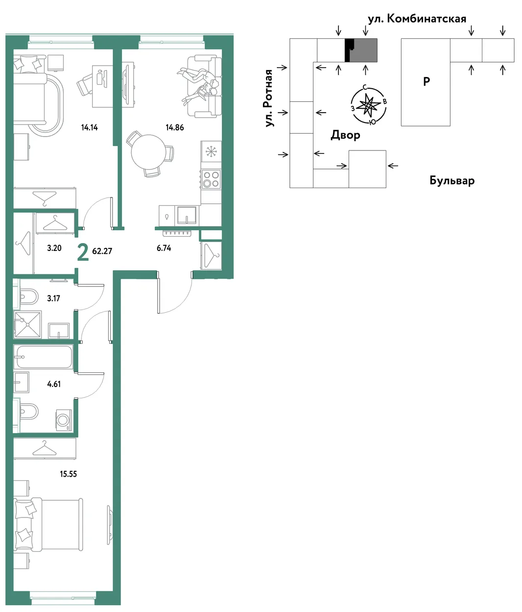Планировка 2-комн. квартира, 61.6 м² ЖК «Уральский сад»