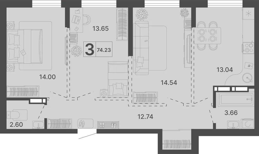 Планировка 3-комн. квартира, 74.23 м² ЖК «Светский лес»