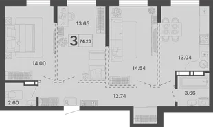 Планировка 3-комн. квартира, 74.23 м² ЖК «Светский лес»