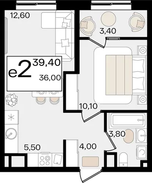 Планировка 2-комн. квартира, 39.4 м² ЖК «Патрики»