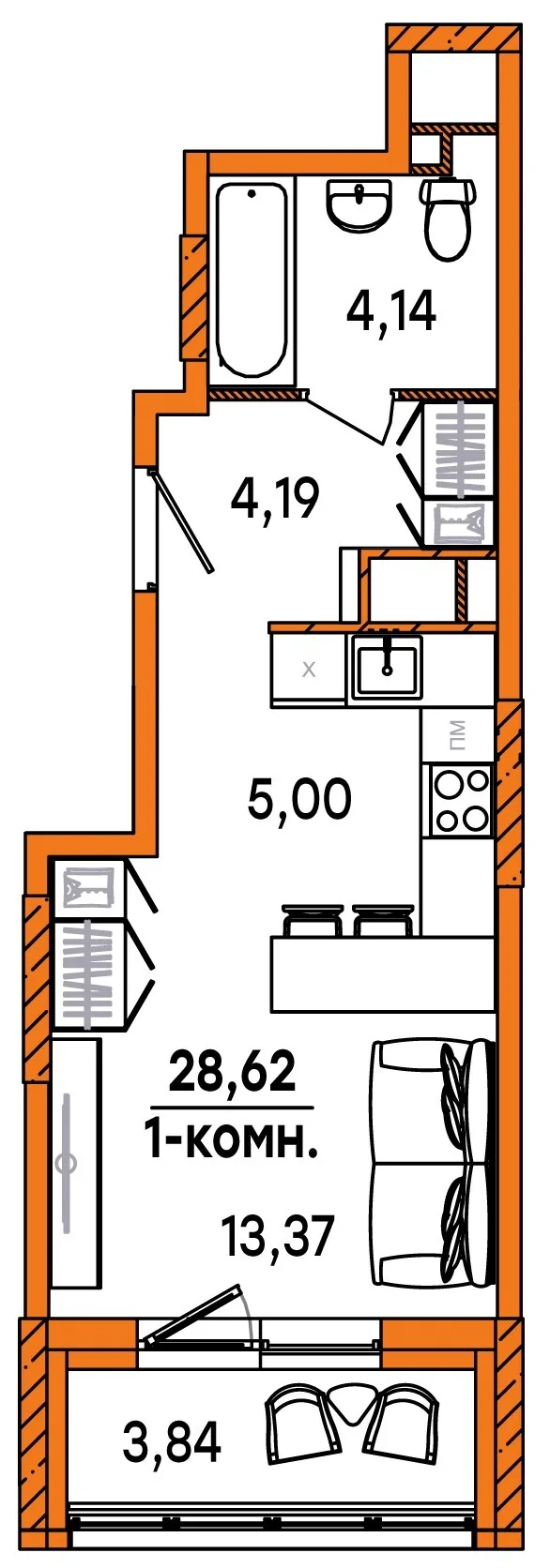 Планировка Студия, 28.62 м² ЖК «Юность» Планировка Студия, 28.62 м² ЖК «Юность»