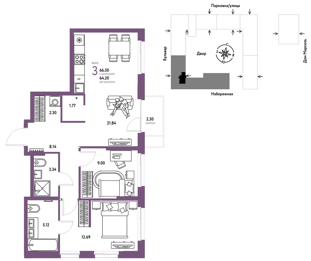 Планировка 3-комн. квартира, 66.5 м² ЖК «Европейский берег 2.0»