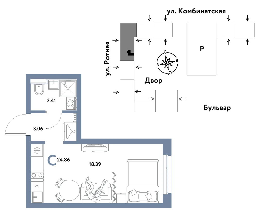 Планировка Студия, 24.78 м² ЖК «Уральский сад»