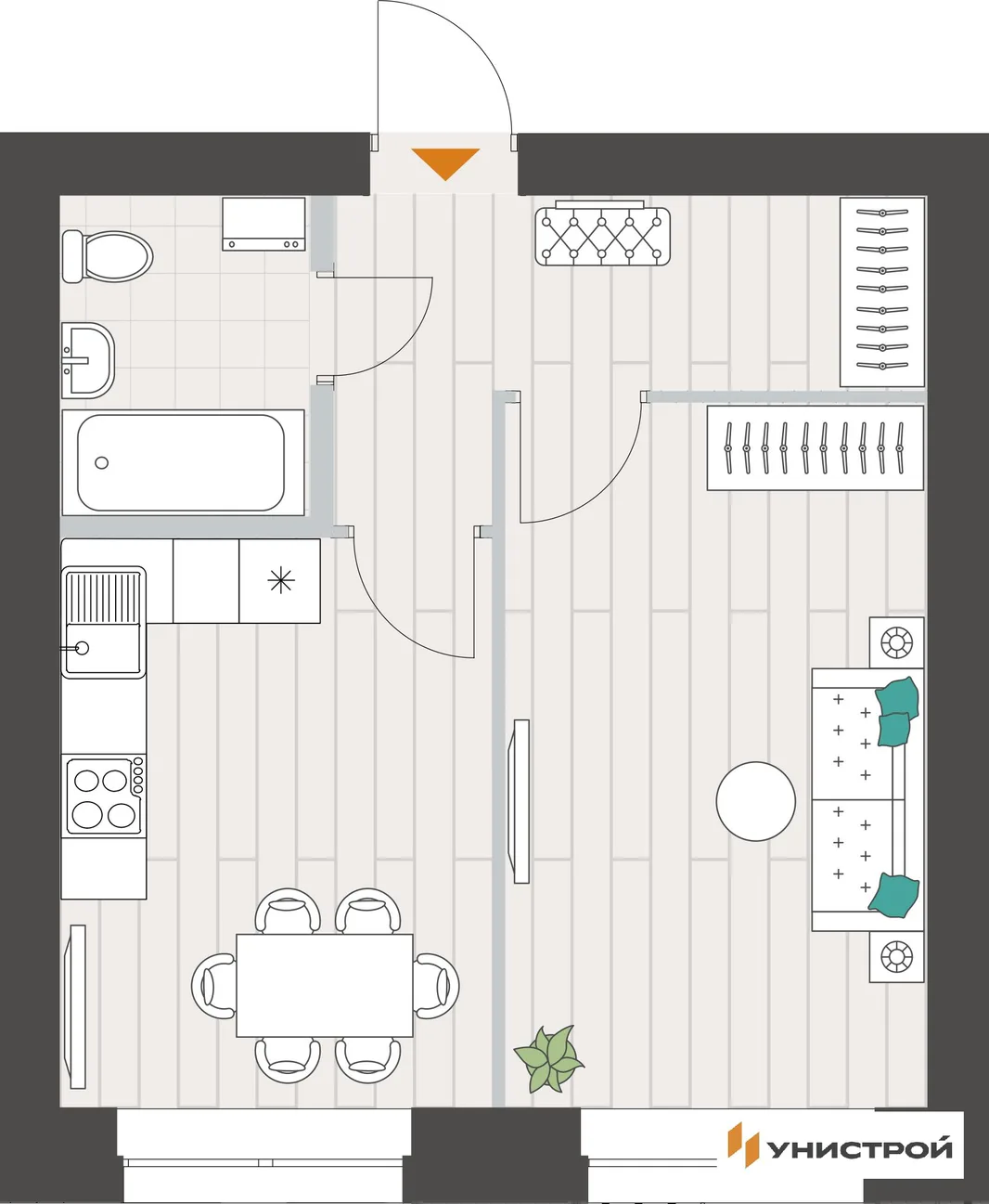 Планировка 1-комн. квартира, 36.43 м² ЖК «Аквамарин»