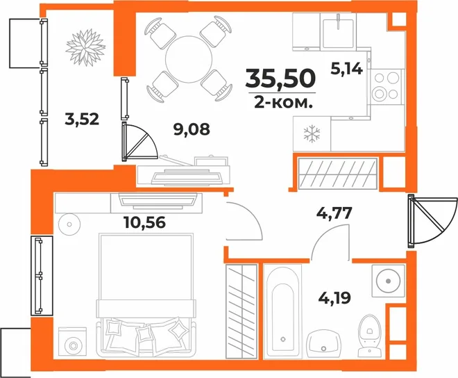 Планировка 2-комн. квартира, 35.5 м² ЖК «Живописный сад» Планировка 2-комн. квартира, 35.5 м² ЖК «Живописный сад»