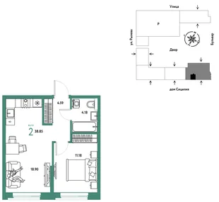 Планировка 2-комн. квартира, 38.85 м² ЖК «Остров-сад»