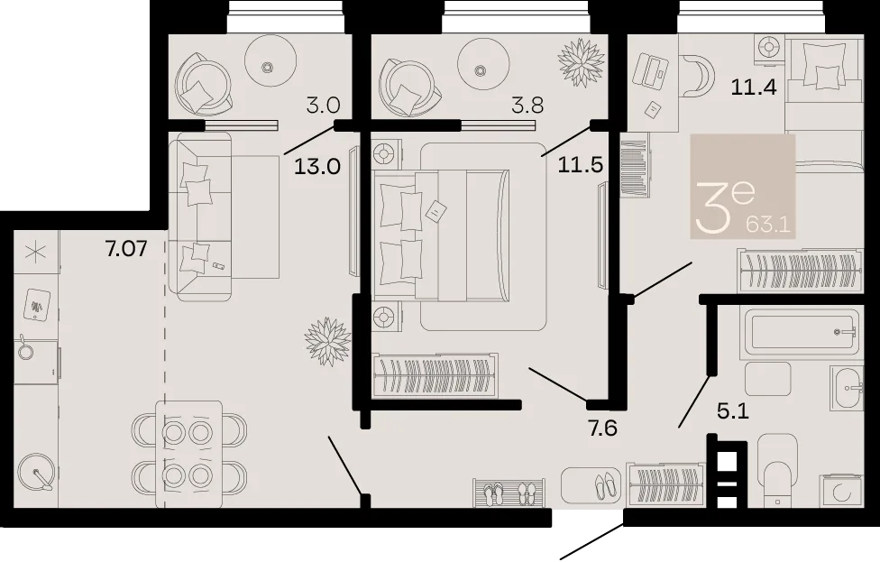 Планировка 3-комн. квартира, 63.1 м² ЖК «Хозяин морей»