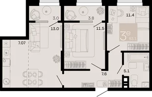 Планировка 3-комн. квартира, 63.1 м² ЖК «Хозяин морей»
