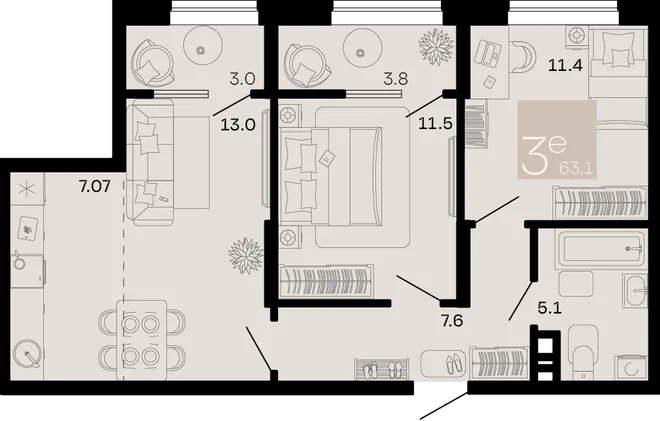 Планировка 3-комн. квартира, 63.1 м² ЖК «Хозяин морей» Планировка 3-комн. квартира, 63.1 м² ЖК «Хозяин морей»