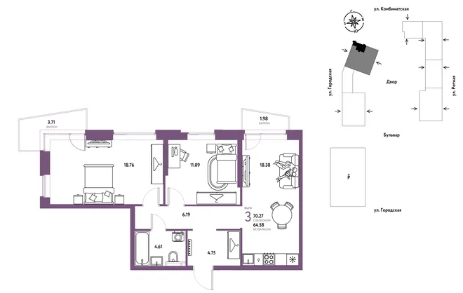 Планировка 3-комн. квартира, 70.27 м² ЖК «Уральский сад» Планировка 3-комн. квартира, 70.27 м² ЖК «Уральский сад»