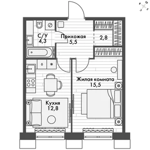 Квартира 1-комн. квартира, 40.9 м² ЖК «Флагман» Фото 1