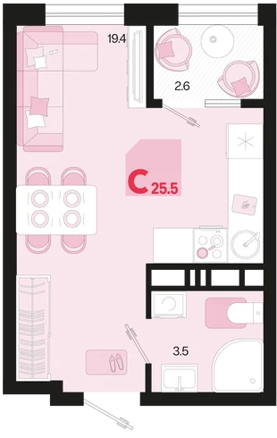 Планировка Студия, 25.5 м² ЖК «Первое место»