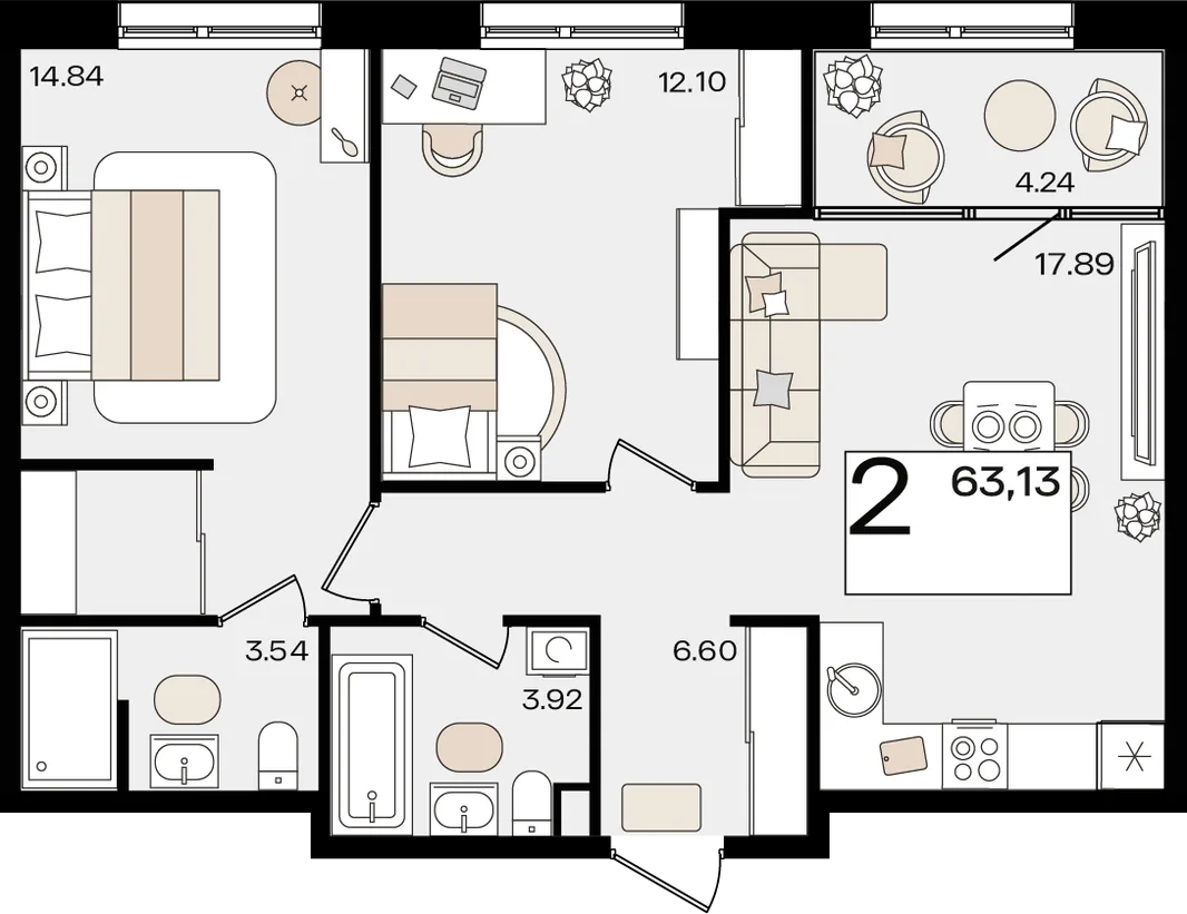 Планировка 2-комн. квартира, 63.13 м² ЖК «Патрики»