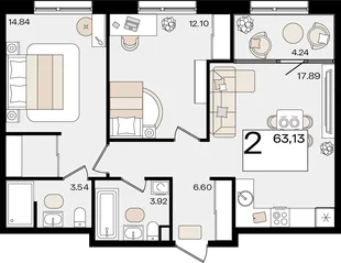 Планировка 2-комн. квартира, 63.13 м² ЖК «Патрики»