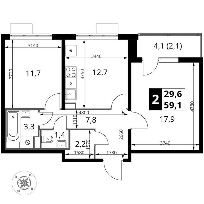 Планировка 2-комн. квартира, 59 м² ЖК «Южная Битца» Планировка 2-комн. квартира, 59 м² ЖК «Южная Битца»
