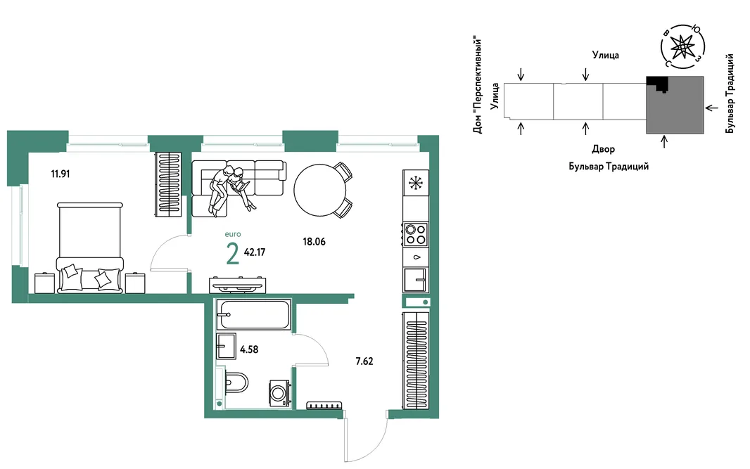 Планировка 2-комн. квартира, 42.17 м² ЖК «Микрорайон Домашний»