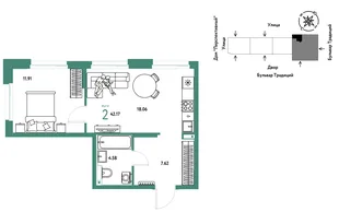 Планировка 2-комн. квартира, 42.17 м² ЖК «Микрорайон Домашний»
