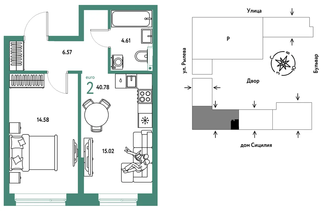 Планировка 2-комн. квартира, 40.78 м² ЖК «Остров-сад»