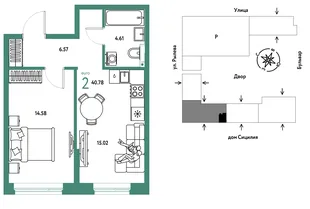 Планировка 2-комн. квартира, 40.78 м² ЖК «Остров-сад»