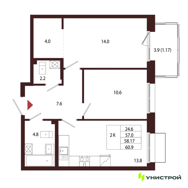Планировка 2-комн. квартира, 58.17 м² ЖК «Лисино» Планировка 2-комн. квартира, 58.17 м² ЖК «Лисино»