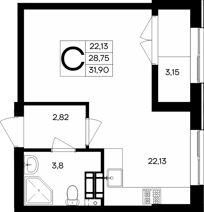 Планировка Студия, 31.9 м² ЖК «Семисчастье»