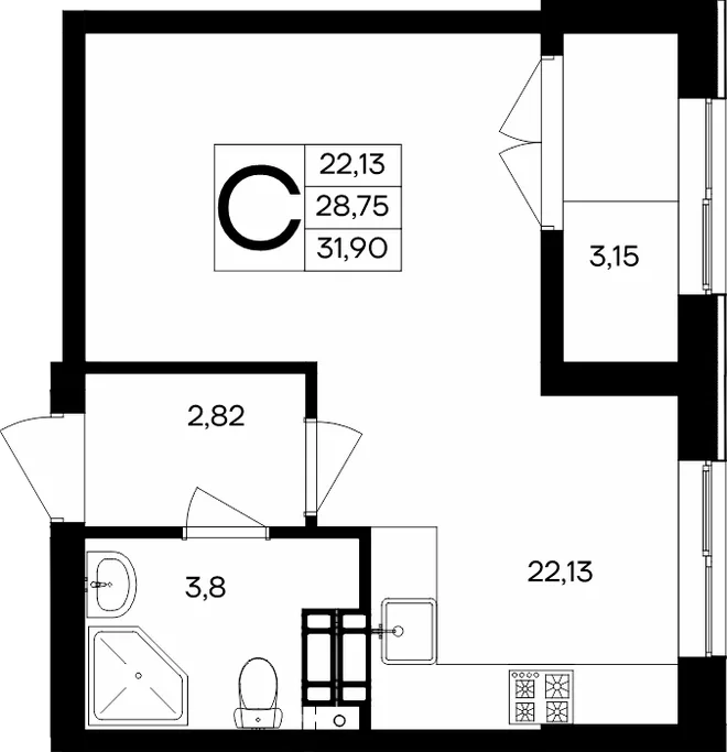 Планировка Студия, 31.9 м² ЖК «Семисчастье» Планировка Студия, 31.9 м² ЖК «Семисчастье»