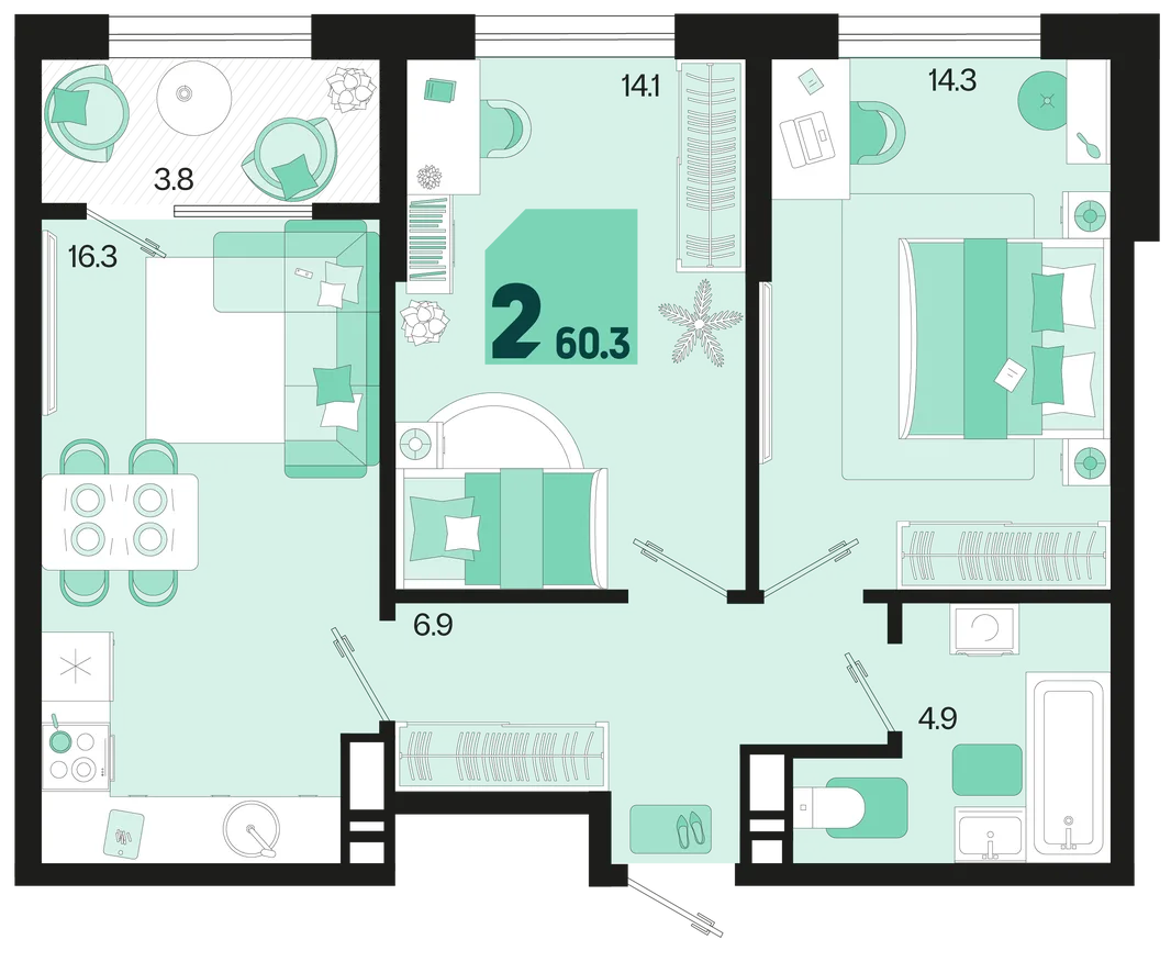 Планировка 2-комн. квартира, 60.3 м² ЖК «Первое место»