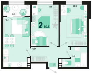 Планировка 2-комн. квартира, 60.3 м² ЖК «Первое место»