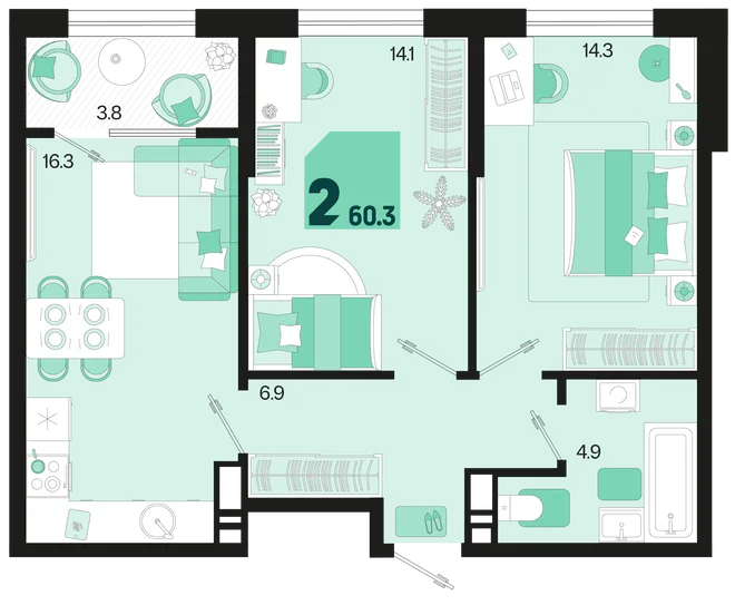 Планировка 2-комн. квартира, 60.3 м² ЖК «Первое место» Планировка 2-комн. квартира, 60.3 м² ЖК «Первое место»
