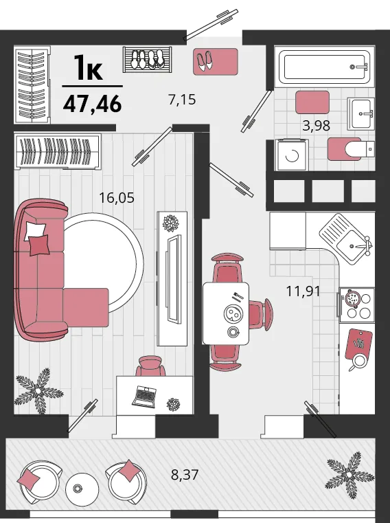 Планировка 1-комн. квартира, 47.46 м² ЖК «Родные просторы»