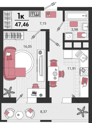 Планировка 1-комн. квартира, 47.46 м² ЖК «Родные просторы»