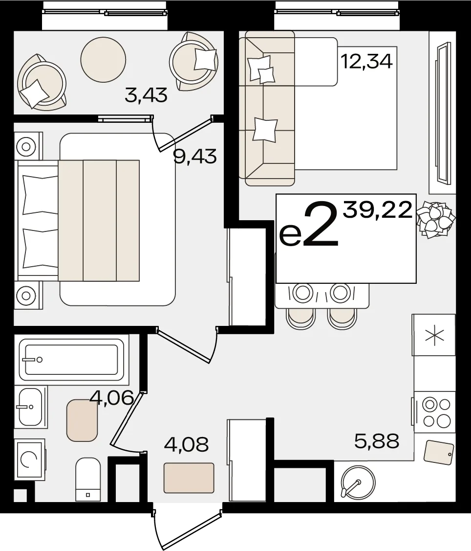Планировка 2-комн. квартира, 39.22 м² ЖК «Патрики»