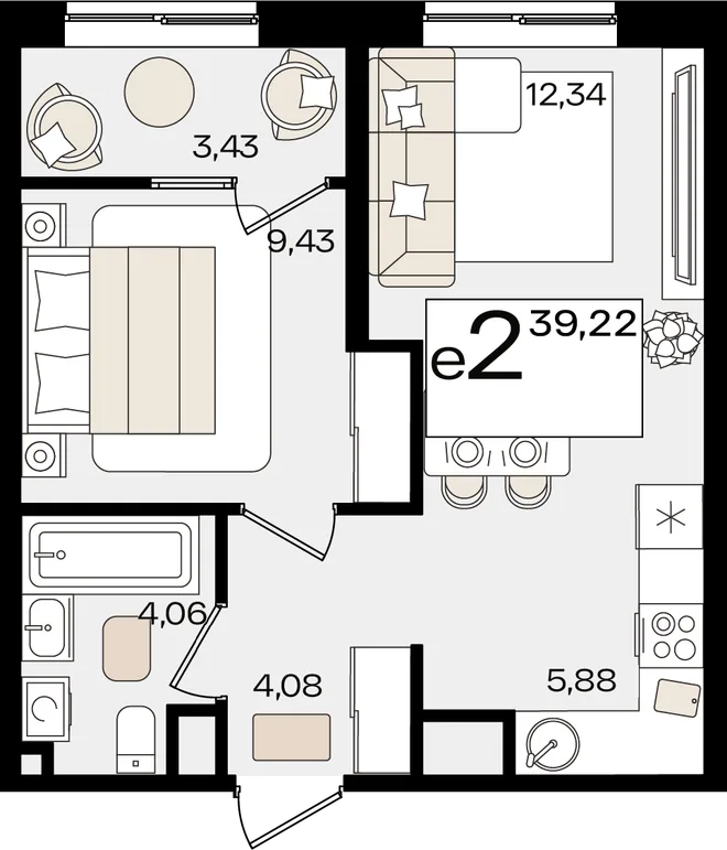 Планировка 2-комн. квартира, 39.22 м² ЖК «Патрики»