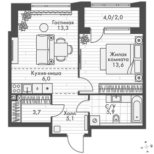 Квартира 2-комн. квартира, 49.6 м² ЖК «Фордевинд» Фото 1 Квартира 2-комн. квартира, 49.6 м² ЖК «Фордевинд» Фото 1