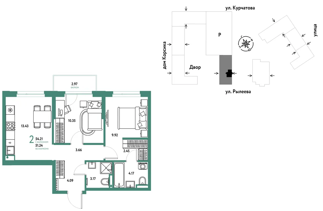 Планировка 2-комн. квартира, 54.19 м² ЖК «Остров-сад»