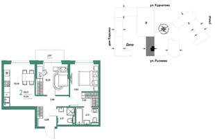 Планировка 2-комн. квартира, 54.19 м² ЖК «Остров-сад»