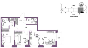 Планировка 3-комн. квартира, 67.63 м² ЖК «Микрорайон Домашний»