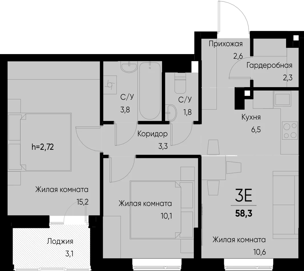 Планировка 3-комн. квартира, 58.3 м² ЖК «Васильевский остров»