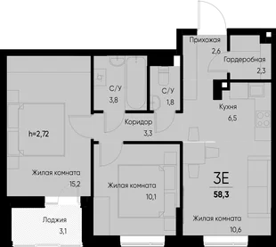 Планировка 3-комн. квартира, 58.3 м² ЖК «Васильевский остров»