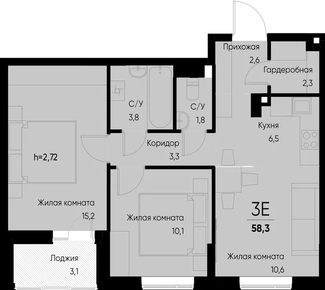 Планировка 3-комн. квартира, 58.3 м² ЖК «Васильевский остров» Планировка 3-комн. квартира, 58.3 м² ЖК «Васильевский остров»