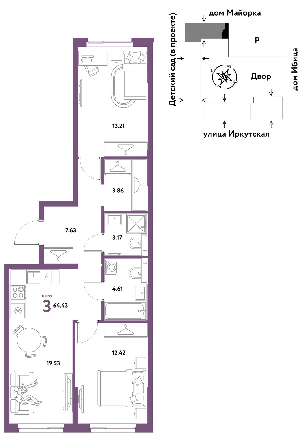 Планировка 3-комн. квартира, 64.43 м² ЖК «Остров-сад»