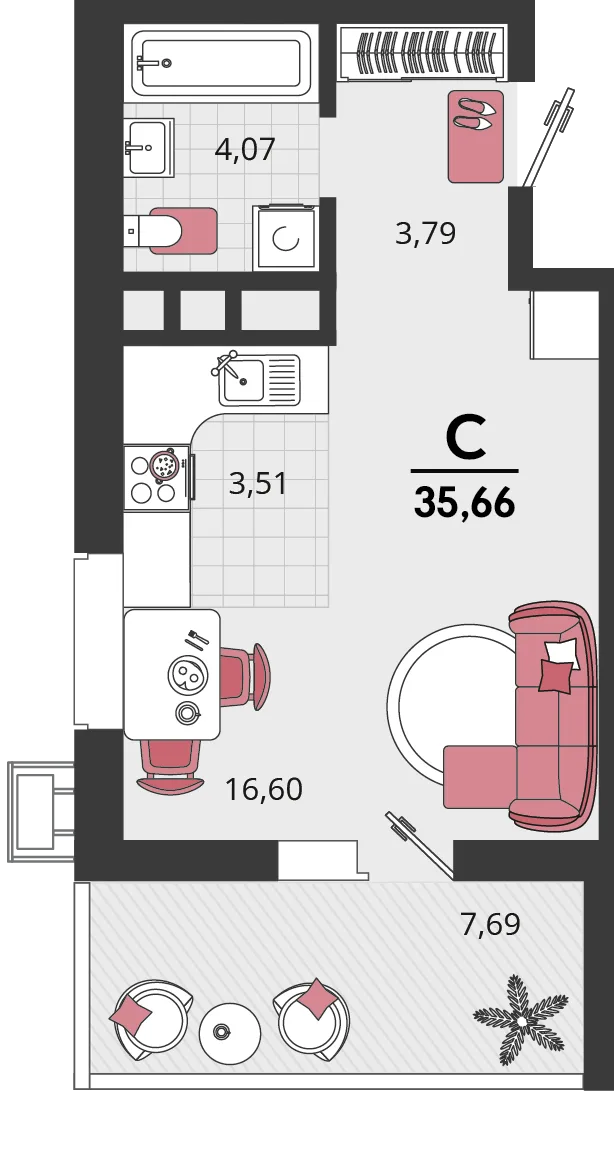 Планировка 1-комн. квартира, 35.66 м² ЖК «Родные просторы»