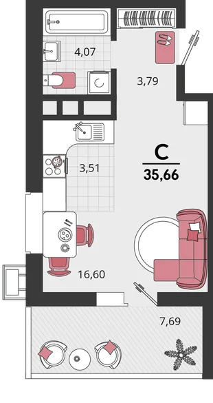 Планировка 1-комн. квартира, 35.66 м² ЖК «Родные просторы»