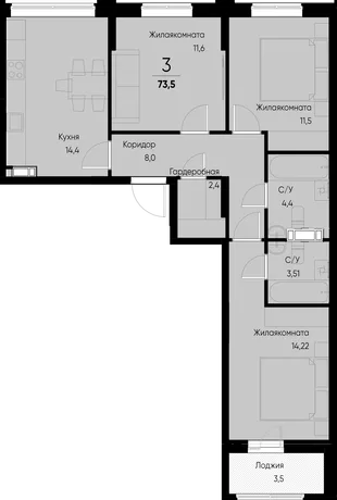 Планировка 3-комн. квартира, 73.5 м² ЖК «Васильевский остров»