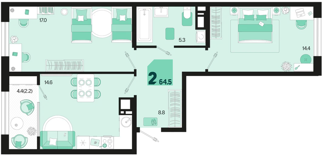 Планировка 2-комн. квартира, 64.5 м² ЖК «Первое место»